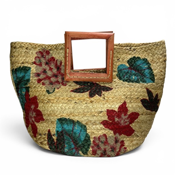 Antik Kraft Handbags - Antik Kraft Tan Floral Jute Tote Bag Women Large Woven Wood Handle Straw Shopper